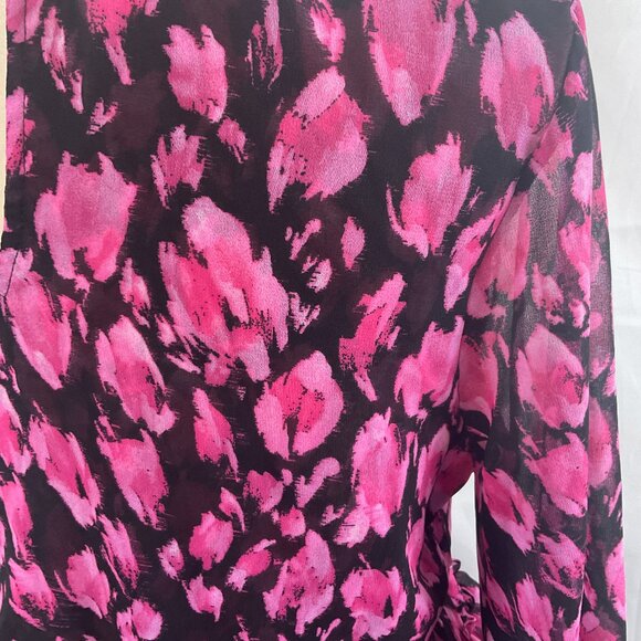 Misa Dress M Black Pink Print Gathered Neck Sleeves Waist Ruffle Long Semi-Sheer - Picture 12 of 13